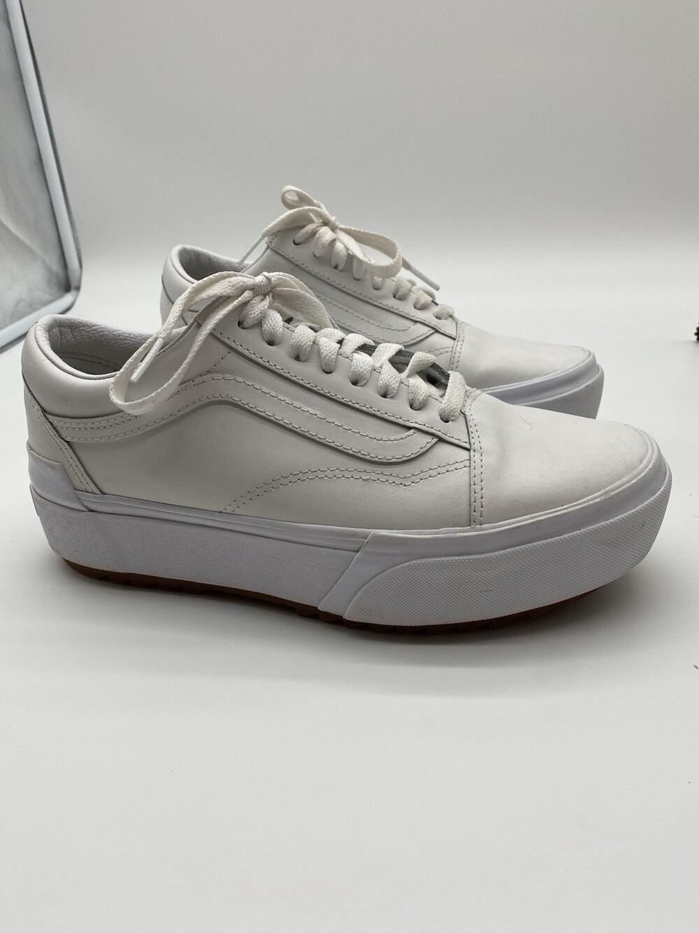 Vans Old Skool Platform White Leather Lace Up Sneakers US Size 9.5 W 8 Men